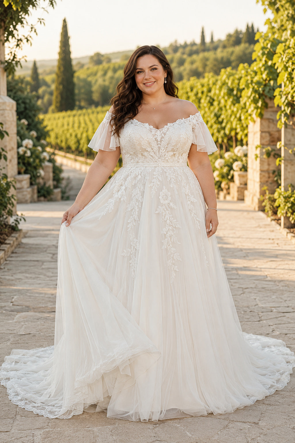 Ivory Plus Size Off-the-Shoulder Lace A-Line Wedding Dress with Short Sleeves and Train Style MG_700550 front view