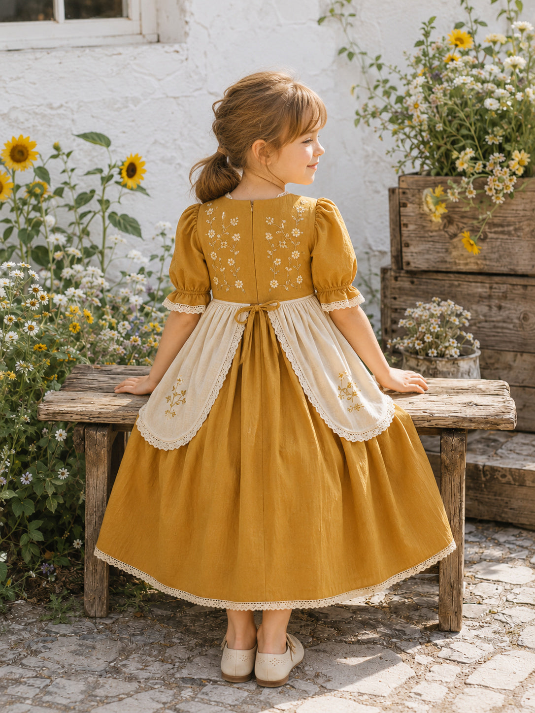 A-Line Flowergirl Mustard Tulle Tea-Length Puff Sleeve Applique Cottagecore Wedding Dress back view