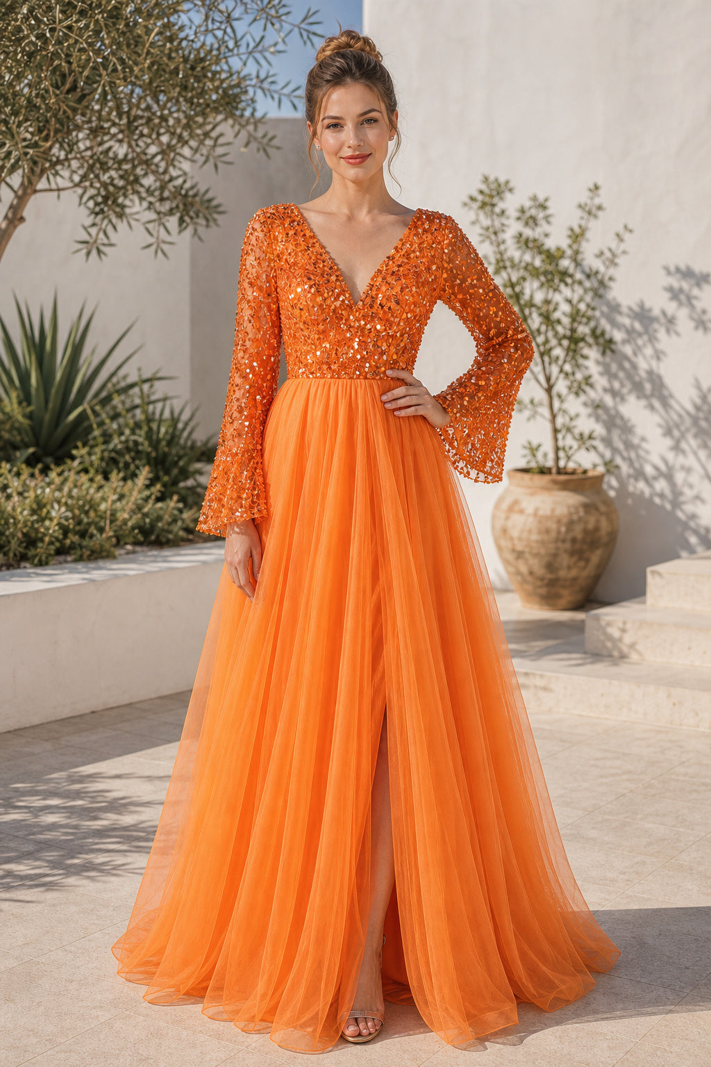 Orange Long Sleeve A-Line Tulle Floor-Length Dress With Sequin Bodice