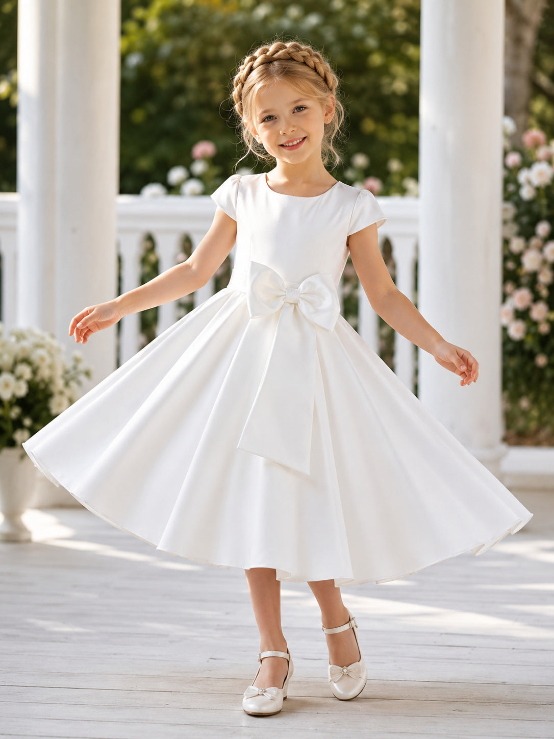 Flower Girl Dress Ivory Satin A-Line Short Sleeve Jewel Neck Tea Length Bow Back Soft Pleated Skirt front view