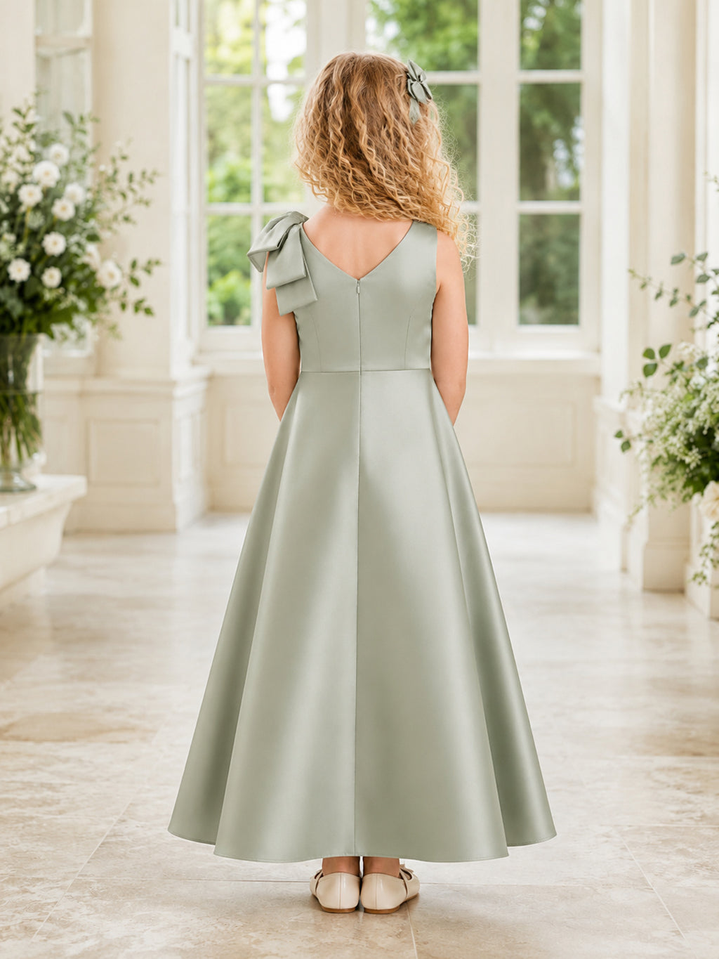 Sage Cap Sleeve Satin A-Line Flower Girl Dress with one-shoulder Neckline and Tea length Skirt with Bow Detail back view