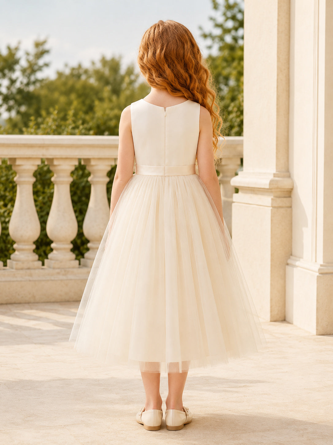 Flower Girl Dress Ivory Tulle A-Line Sleeveless Jewel Neck Tea Length back view
