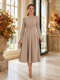 Taupe Bateau Neck Long Sleeve Tailored Midi Guest Dress front view