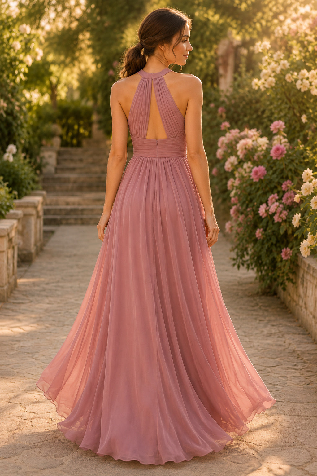 Dusty Rose Halter Chiffon A Line Dress with Pleated Bodice and Keyhole Back Floor Length A Line Bridesmaid Dress back view