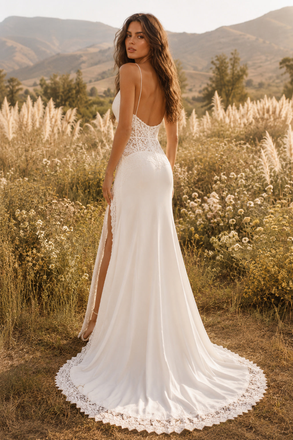 Ivory Simple Cowl Neck Sheath Satin Wedding Dress with Spaghetti Straps and Sweep Train Style MG_701402 back view