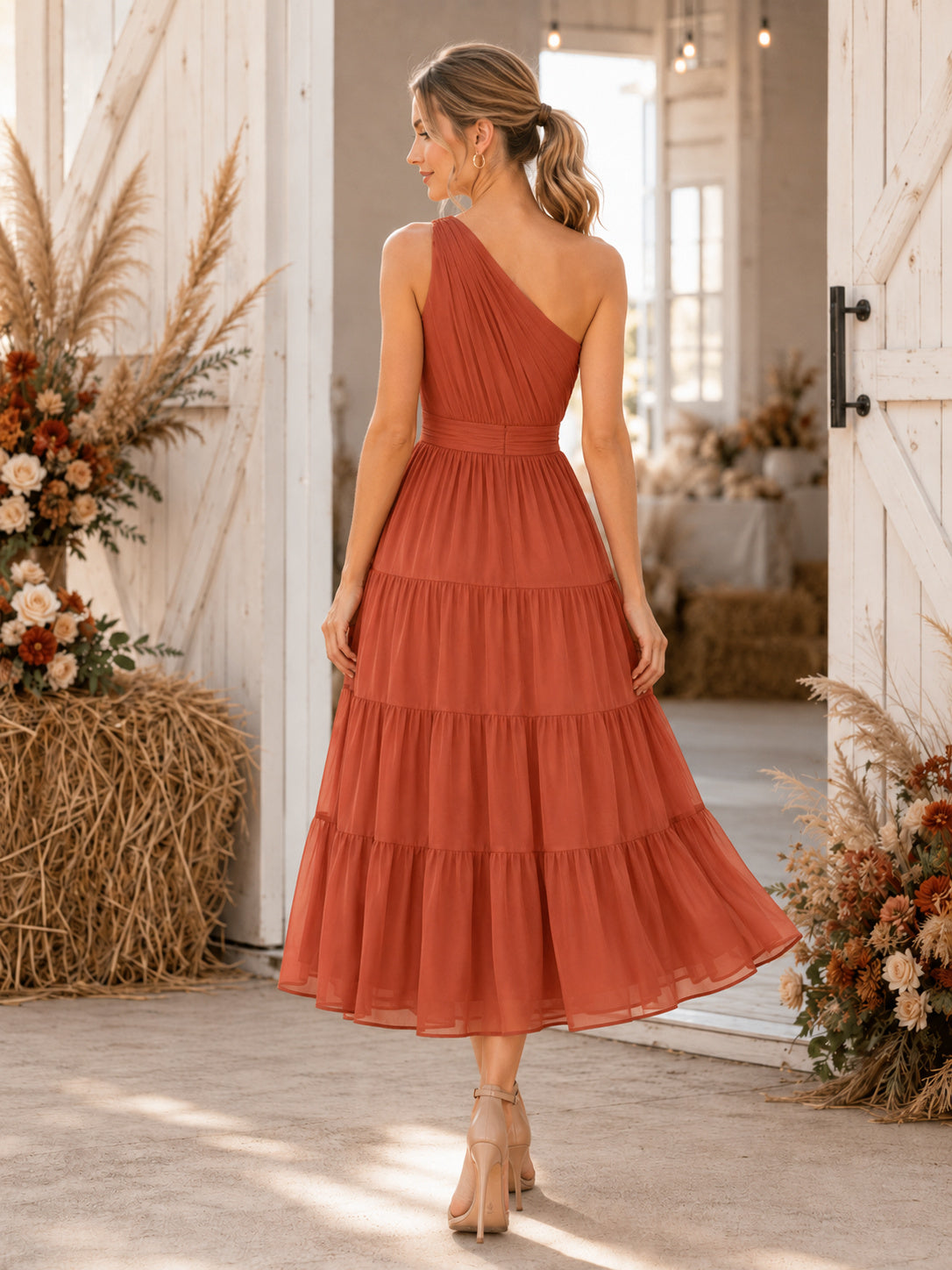 Terracotta One Shoulder Tiered Chiffon Midi Wedding Guest Dress back view