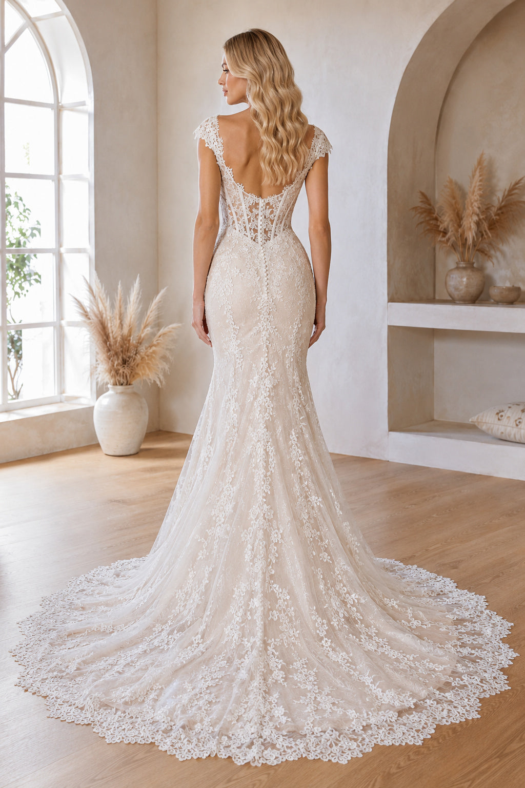 Ivory Strap V-Neck Lace Mermaid Wedding Dress Corset Train for Wedding Ceremony and Reception back view