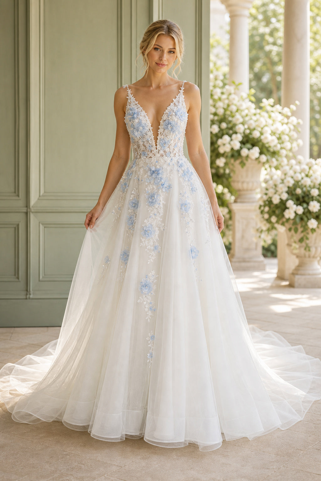Ivory V-neck Spaghetti Strap A-Line Tulle Floor-Length Dress With Blue Floral Appliques