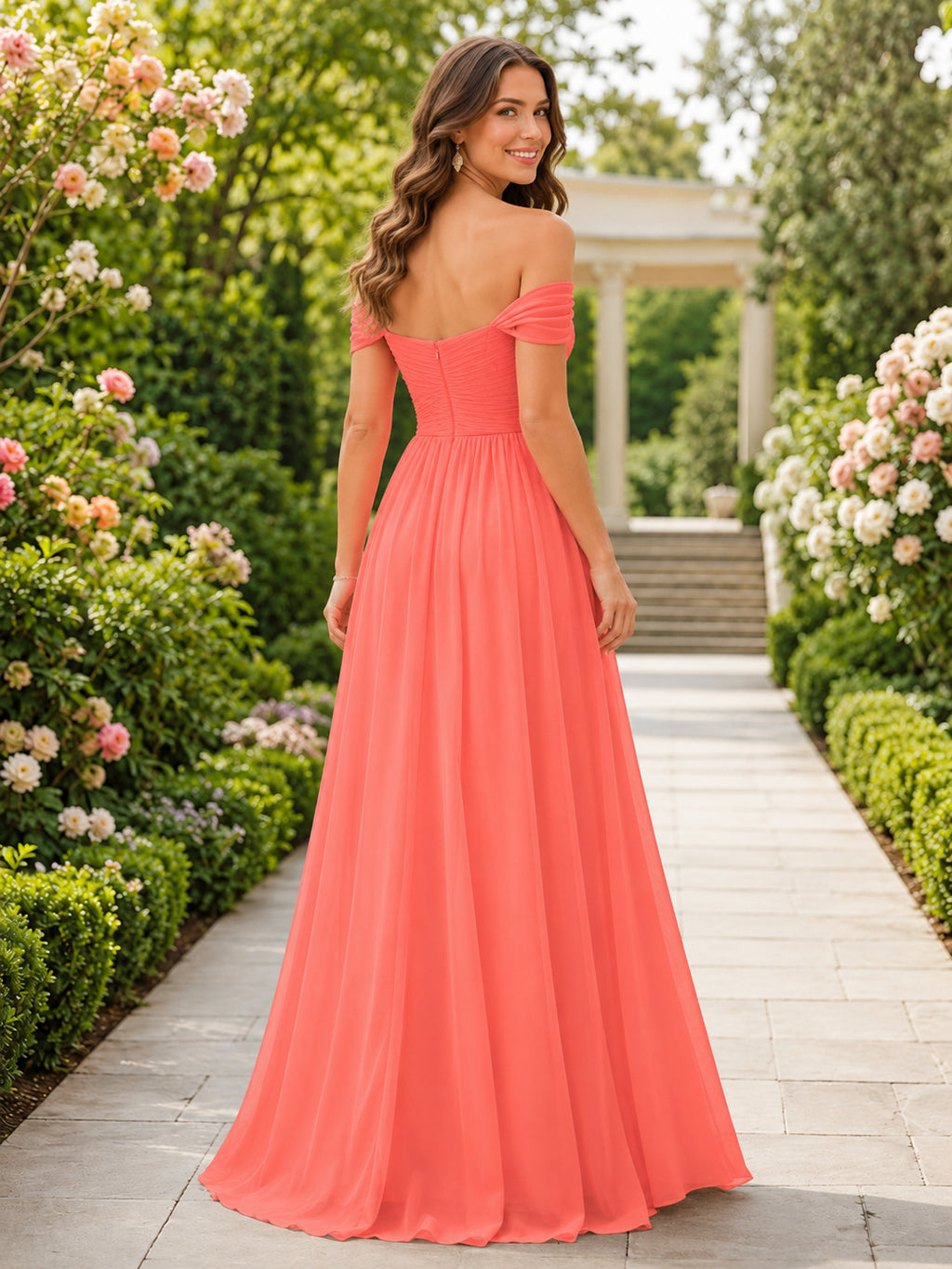 Coral Strapless Sweetheart Chiffon Floor Length A Line Dress back view