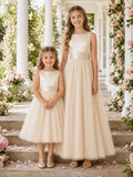 Matching Flower Girl Junior Bridesmaid Dress A-Line Cream Tulle Sleeveless Bow front view