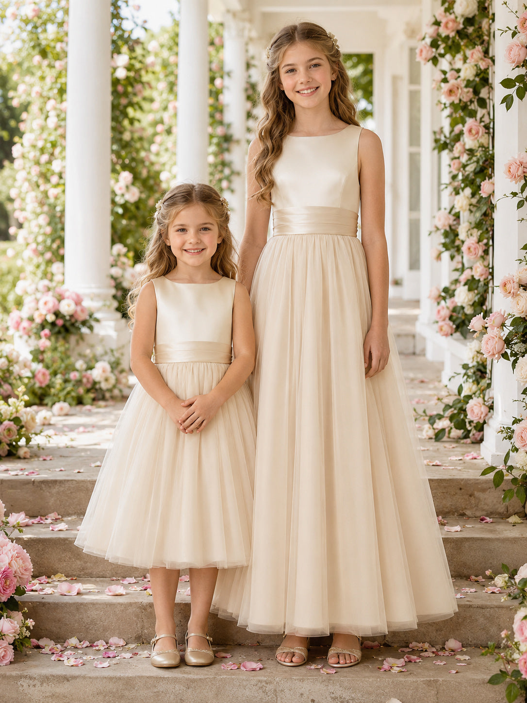 Matching Flower Girl Junior Bridesmaid Dress A-Line Cream Tulle Sleeveless Bow front view