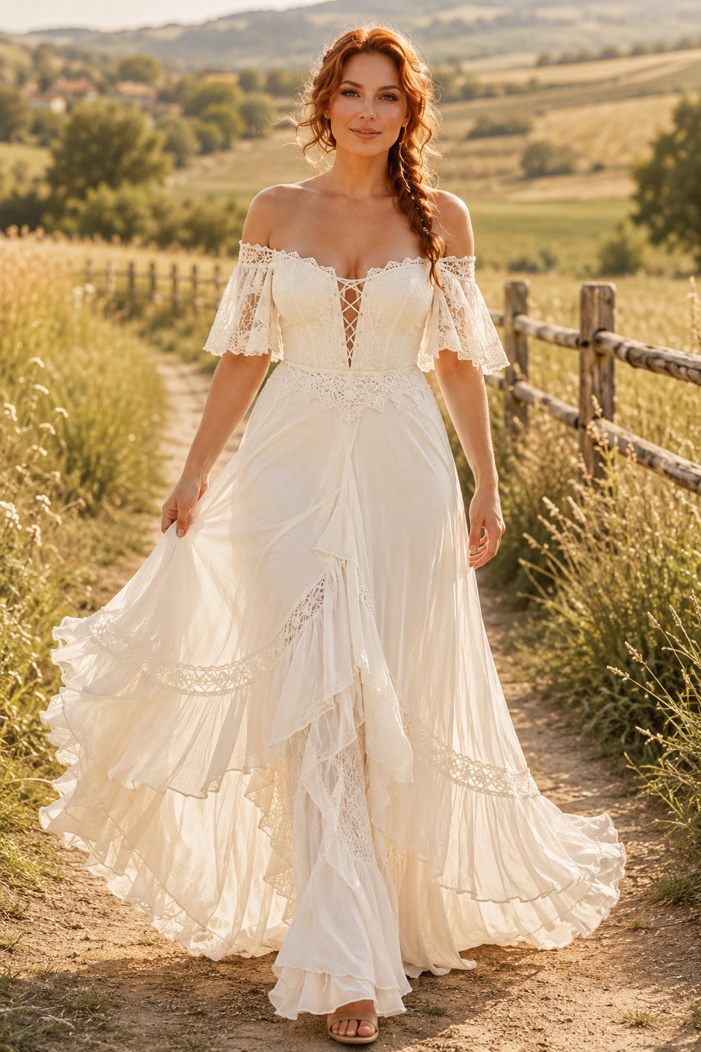 Ivory Off-the-Shoulder Boho A-Line Wedding Dress with Layered Skirt and Split Train front view