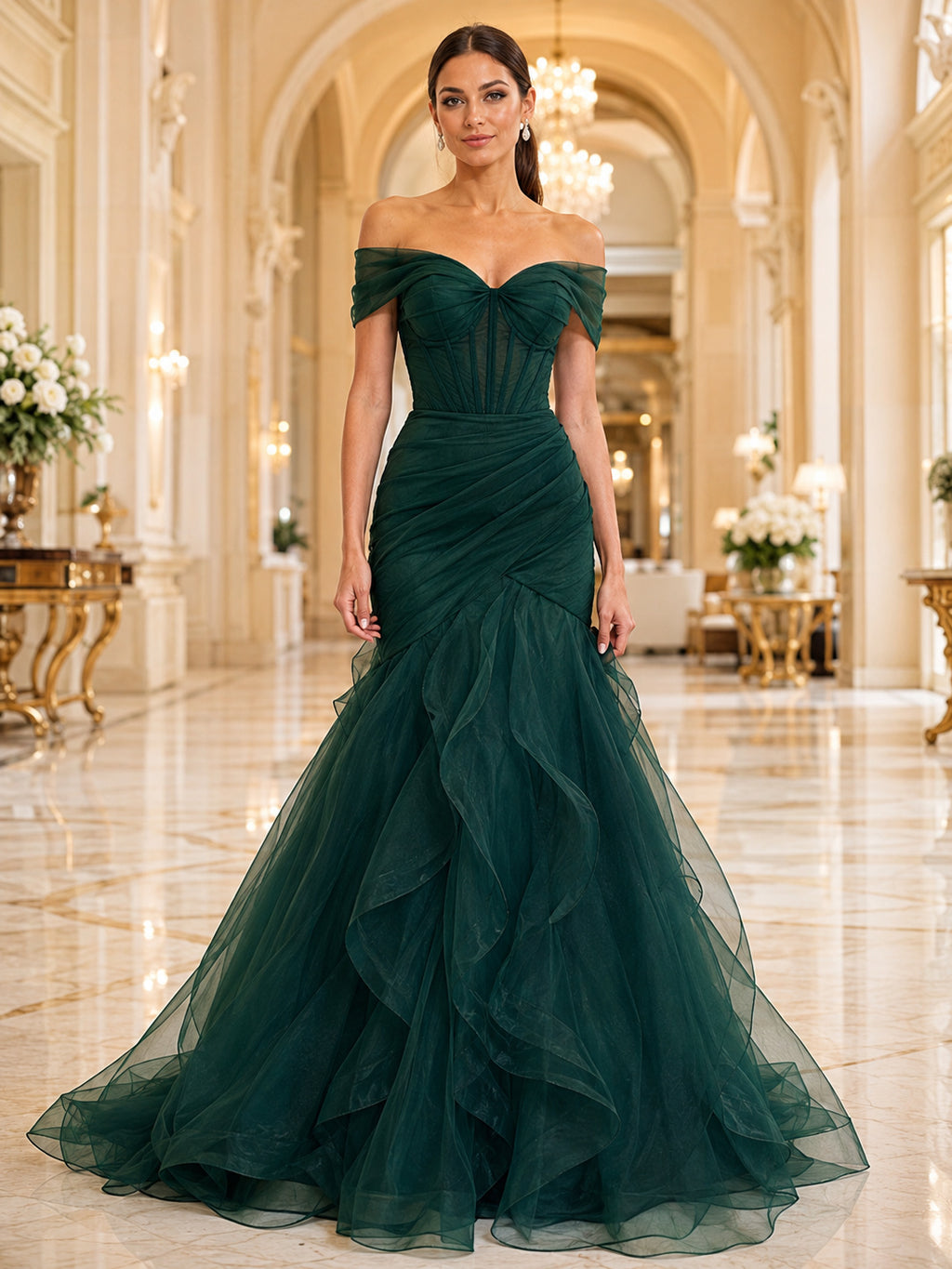 Dark Green Off Shoulder Organza Ruffle Mermaid Gown front view