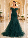 Dark Green Off Shoulder Organza Ruffle Mermaid Gown front view