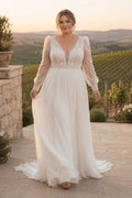 Plus Size Ivory V-Neck Bishop Sleeve Lace Tulle A-Line Wedding Dress with Bishop Sleeves and Flowing Chiffon Train front view