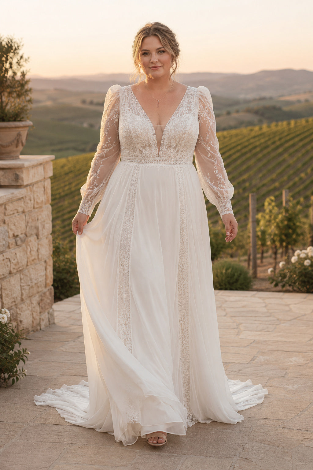 Plus Size Ivory V-Neck Bishop Sleeve Lace Tulle A-Line Wedding Dress with Bishop Sleeves and Flowing Chiffon Train front view