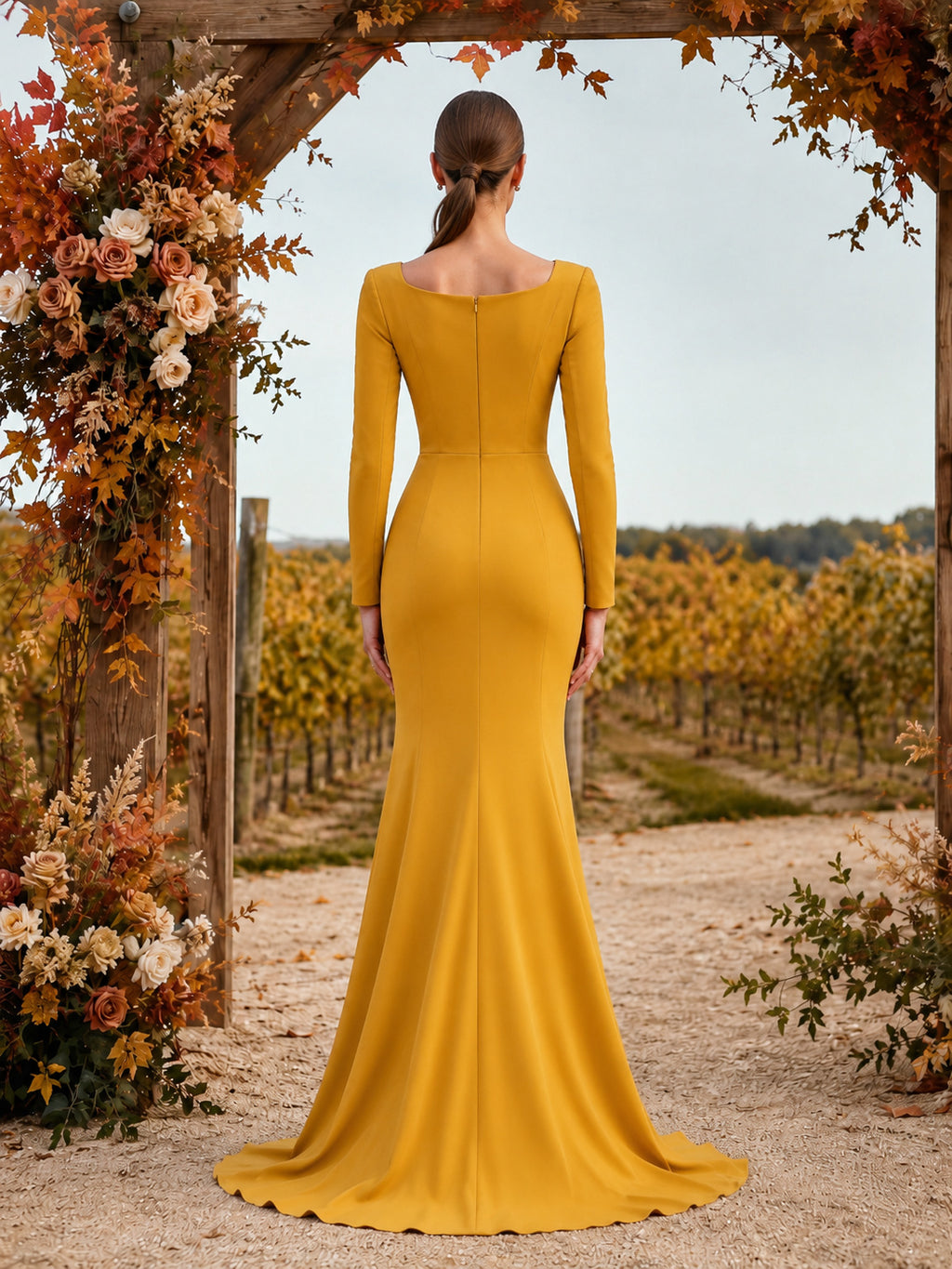 Mustard Long Sleeve Crepe Vineyard Mermaid Bridal Gown back view