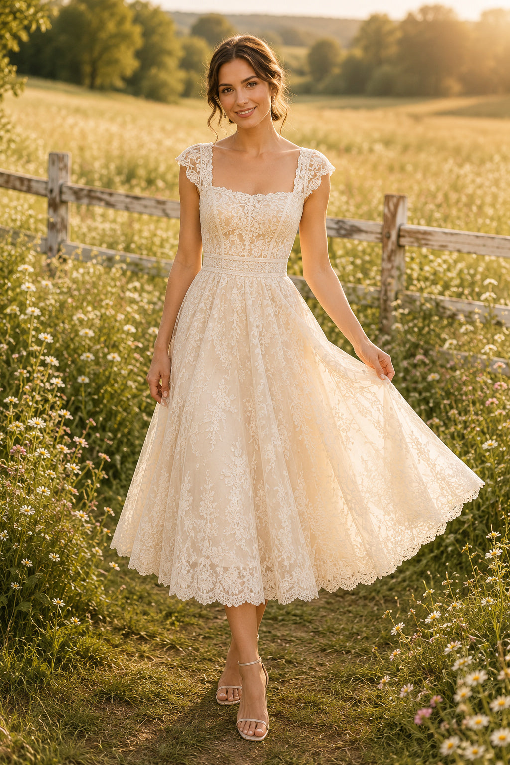 Ivory Square Neck Cap Sleeve Lace Tea Length Wedding Dress for Wedding Reception and Party front view