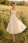 Ivory Square Neck Cap Sleeve Lace Tea Length Wedding Dress for Wedding Reception and Party front view