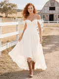 Country Chiffon A-Line Off Shoulder Sweetheart High-Low Wedding Dress front view