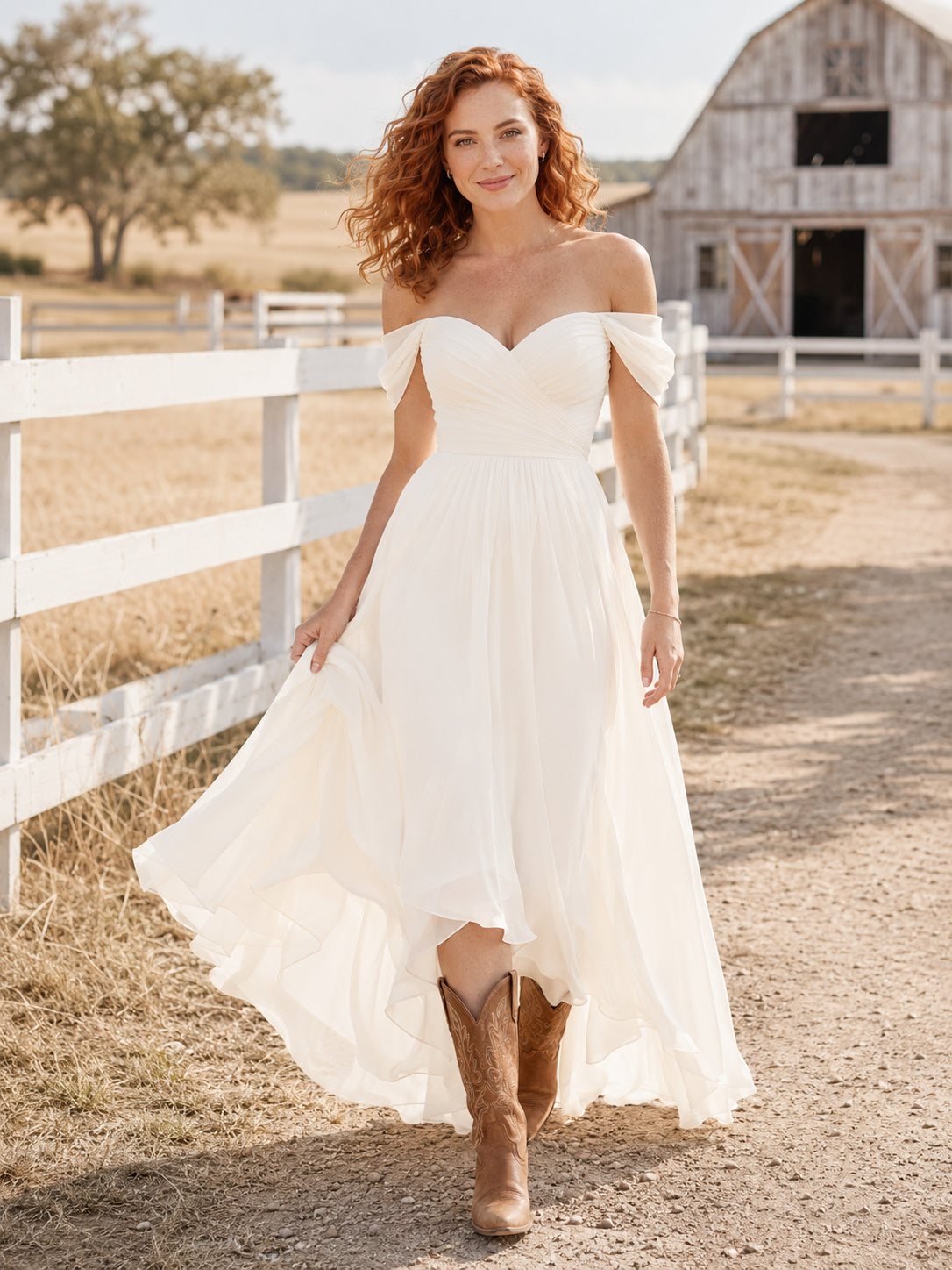 Country Chiffon A-Line Off Shoulder Sweetheart High-Low Wedding Dress front view