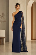 Navy One-Shoulder Floor-Length Sheath Dress with Lace Cape