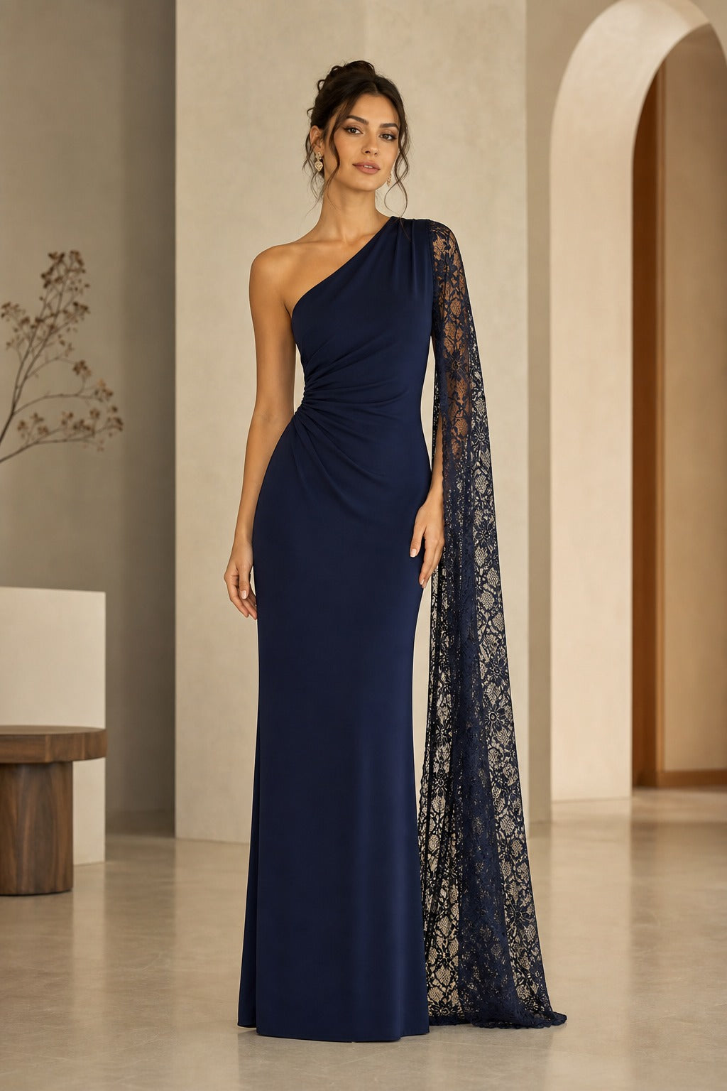Navy One-Shoulder Floor-Length Sheath Dress with Lace Cape