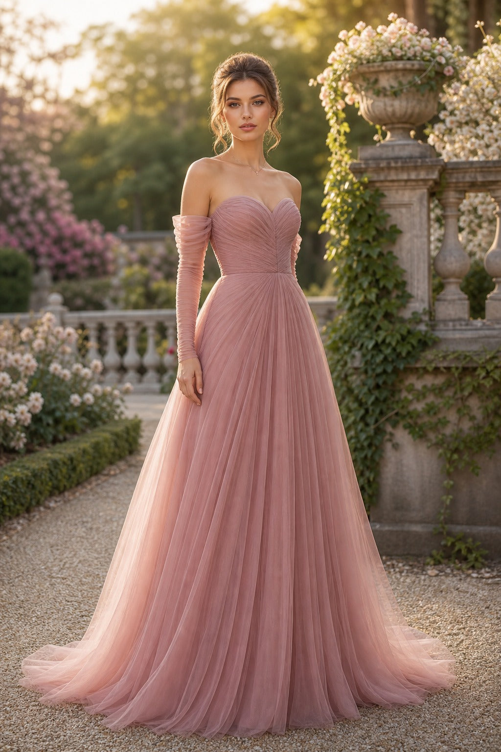 Dusty Rose Strapless Floor-Length Tulle A-Line Dress
