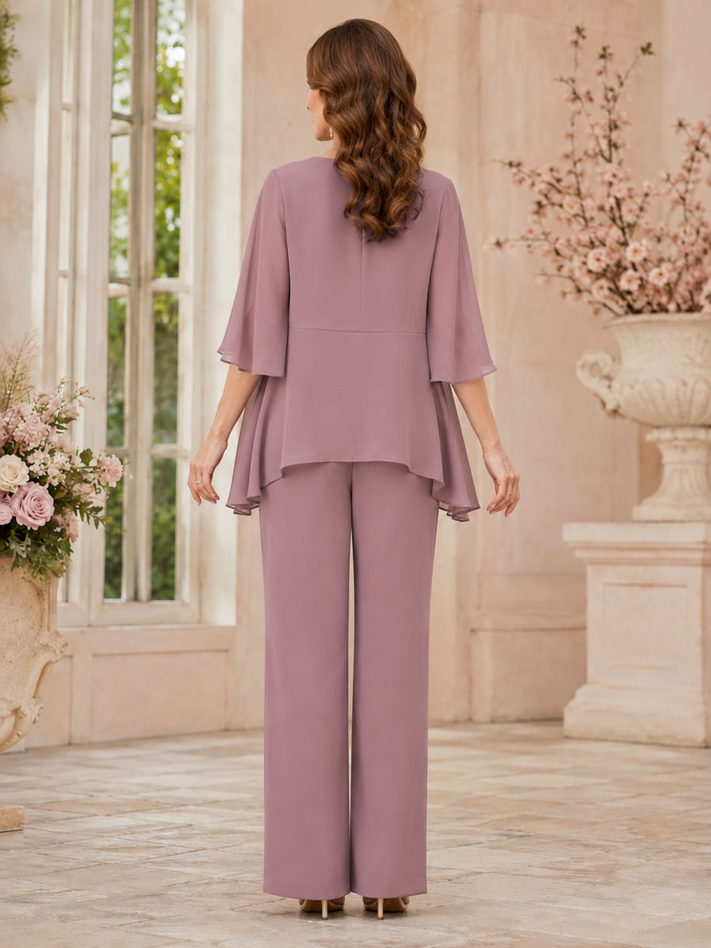 Mother Vintage Mauve Chiffon Pantsuit with Jewel Neck Twisted Bodice and Cape Jacket back view