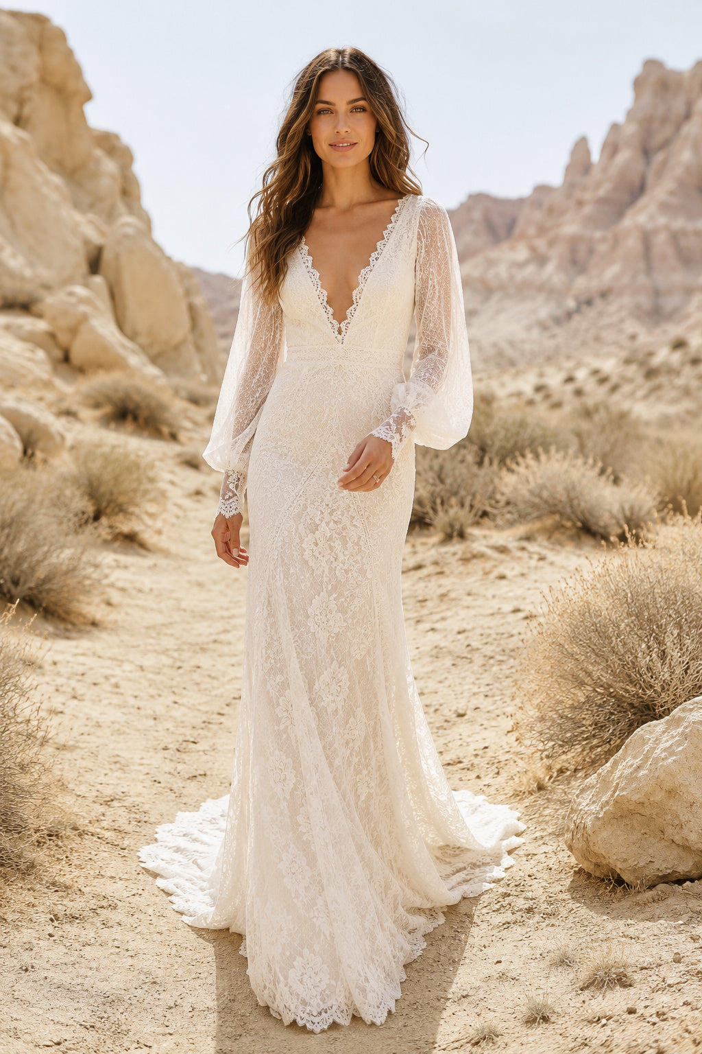 Long Sleeve V-Neck Mermaid Wedding Dress with Lace Overlay and Sweep Train for Beach Garden Ceremony front view