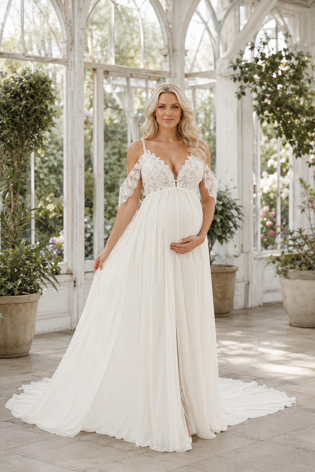 Ivory V-Neck Cap Sleeve Maternity Wedding Dress with Flowing Chiffon Train front view