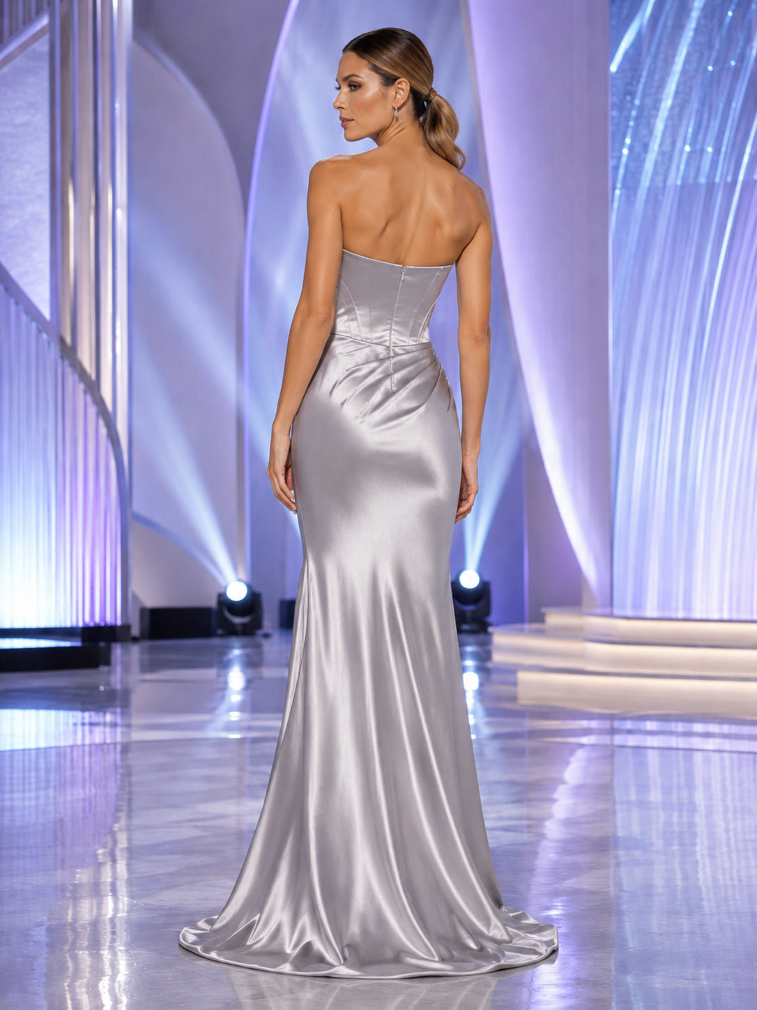 Silver strapless sweetheart ruched satin mermaid evening gown back view