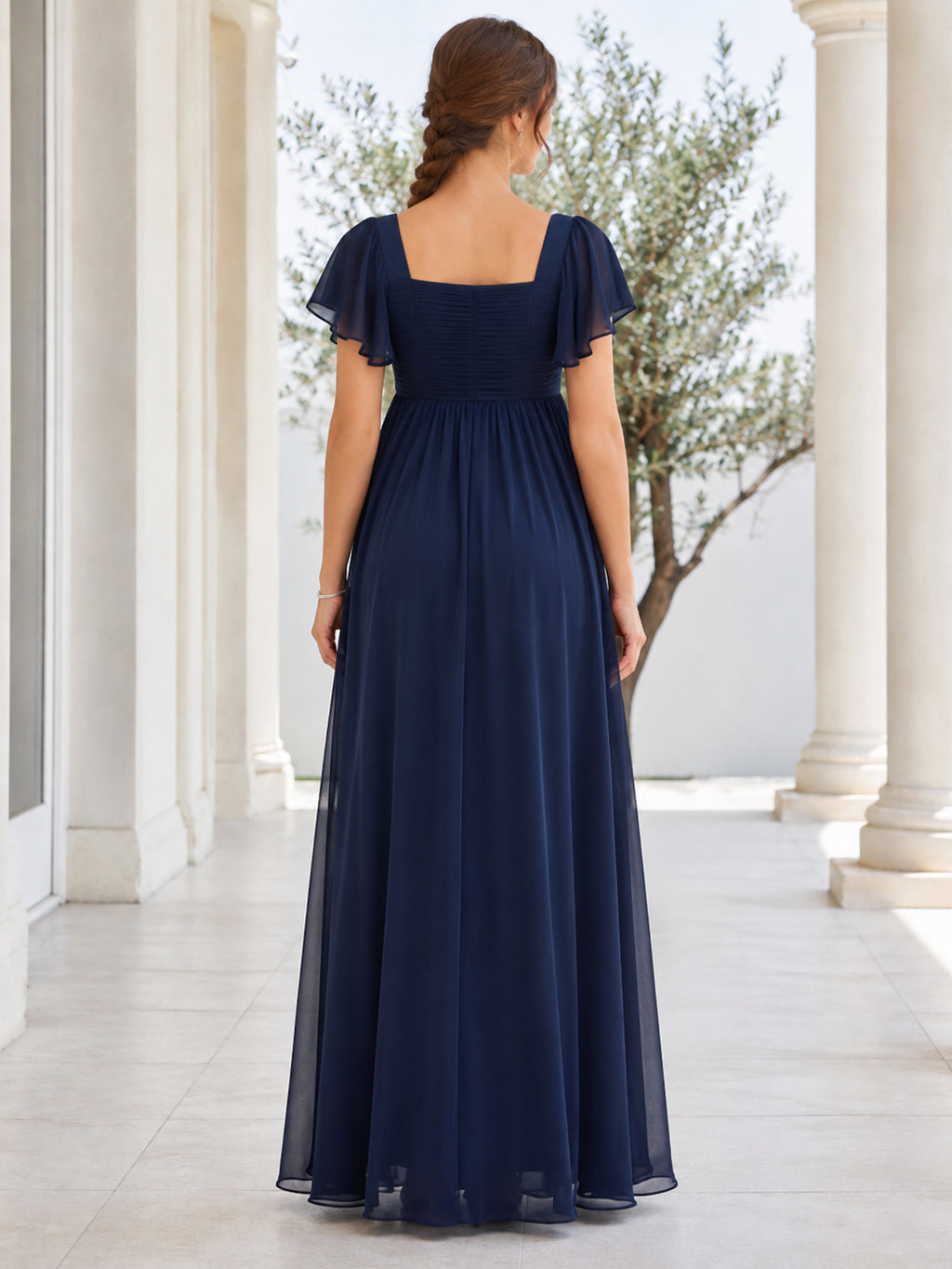 Dark Navy Maternity Square Neck Flutter Sleeve Empire Chiffon Floor Length Dress back view