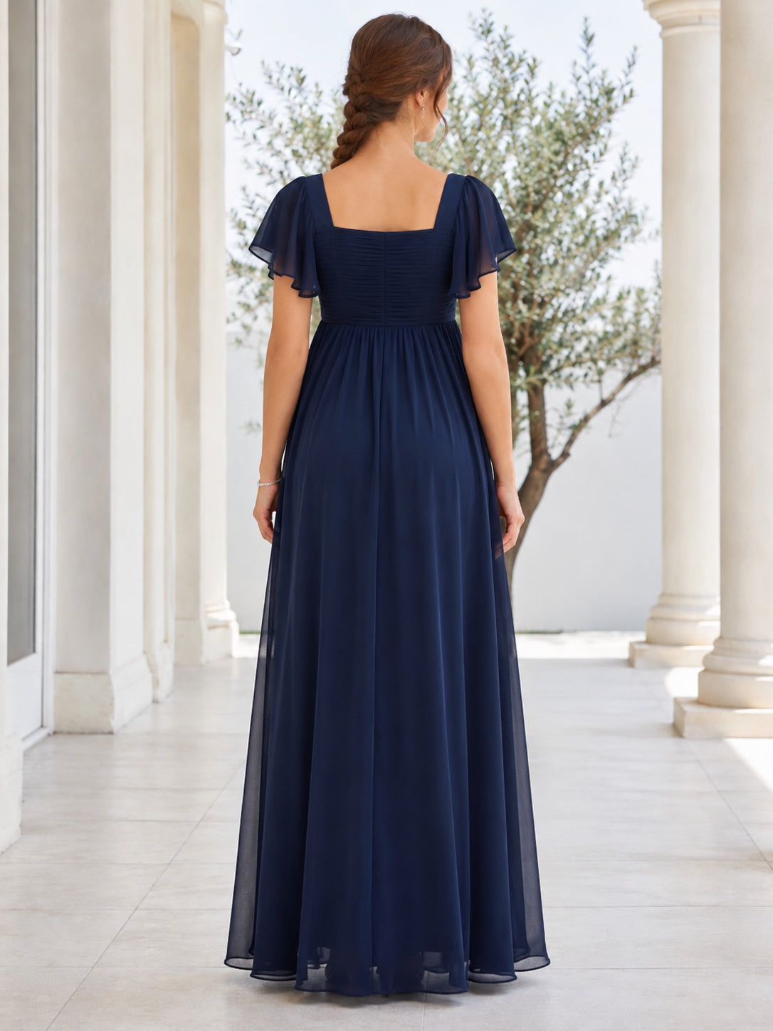 Dark Navy Maternity Square Neck Flutter Sleeve Empire Chiffon Floor Length Dress back view