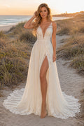 Ivory Sexy Spaghetti Neck A-Line Chiffon Lace Wedding Dress with Spaghetti Straps and Sweep Train front view