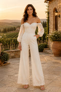 Ivory Off-the-Shoulder Sweetheart Bishop Sleeve Lace Satin Floor-Length Bridal Jumpsuit with Bishop Lace Sleeves and Wide Leg