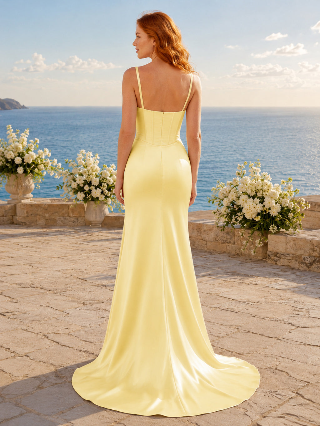 Pale Yellow Square Neck Spaghetti Satin Mermaid Court Train Wedding Dress back view