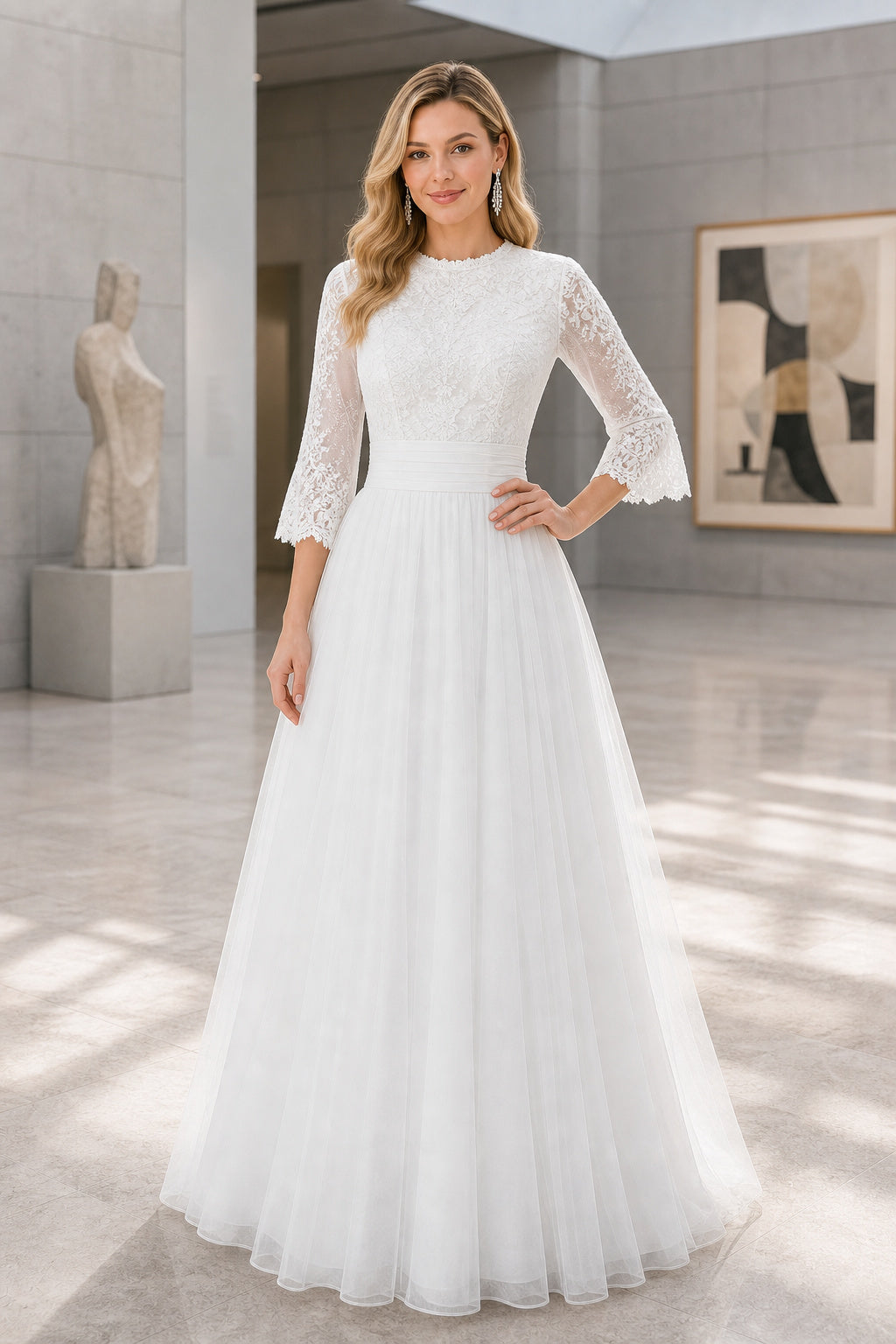 Ivory Scoop Short Sleeves A-Line Satin Floor-length Wedding Dress With Floral Appliques and Front Slit and Open Back