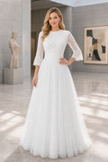 Ivory Scoop Short Sleeves A-Line Satin Floor-length Wedding Dress With Floral Appliques and Front Slit and Open Back