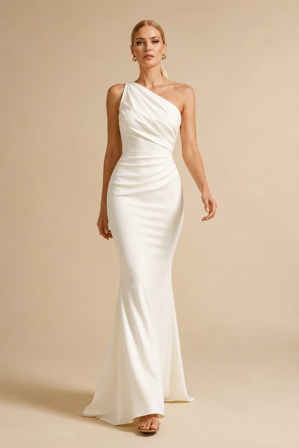 Ivory One-Shoulder Sheath Wedding Dress with Side Ruching front view