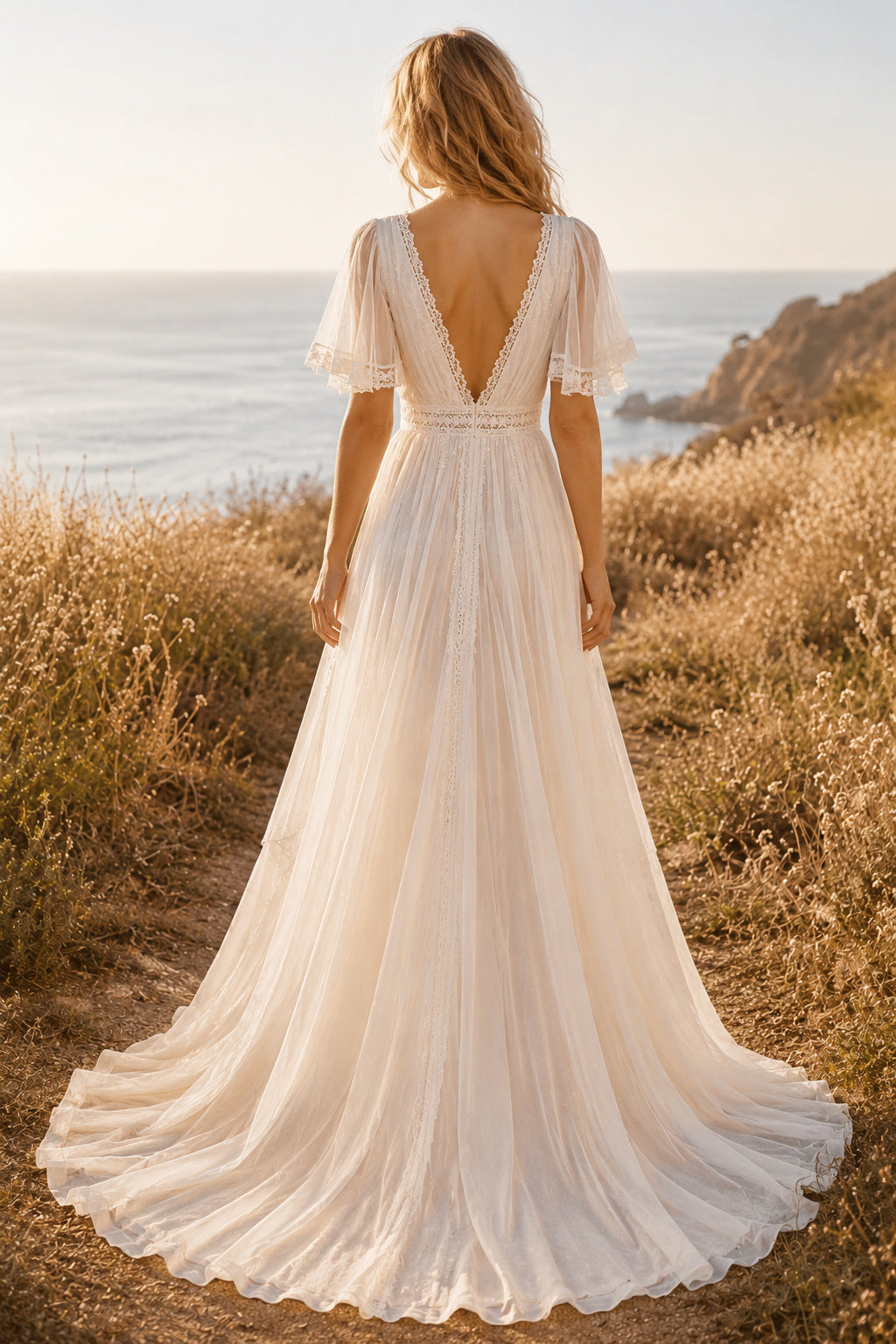 Ivory Flutter Sleeve Chiffon A-Line Boho Wedding Dress with Plunging Neckline back view