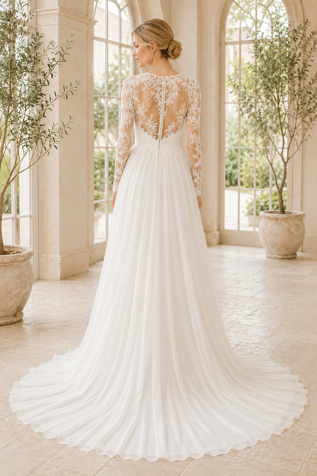 High Neck Long Sleeve A-Line Wedding Dress with Lace Bodice and Chiffon Train for Beach Garden Ceremony Style MG_701303 back