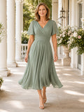 Sage Romantic Elegant V-Neck Flutter-Sleeve Gathered-Bodice Chiffon Tea-Length Mother of the Bride Dress front view