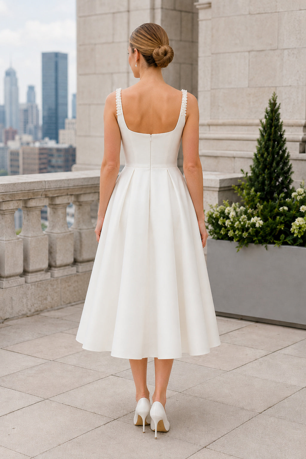 Square Neck Satin Bridal Tea-Length A-Line Dress back view