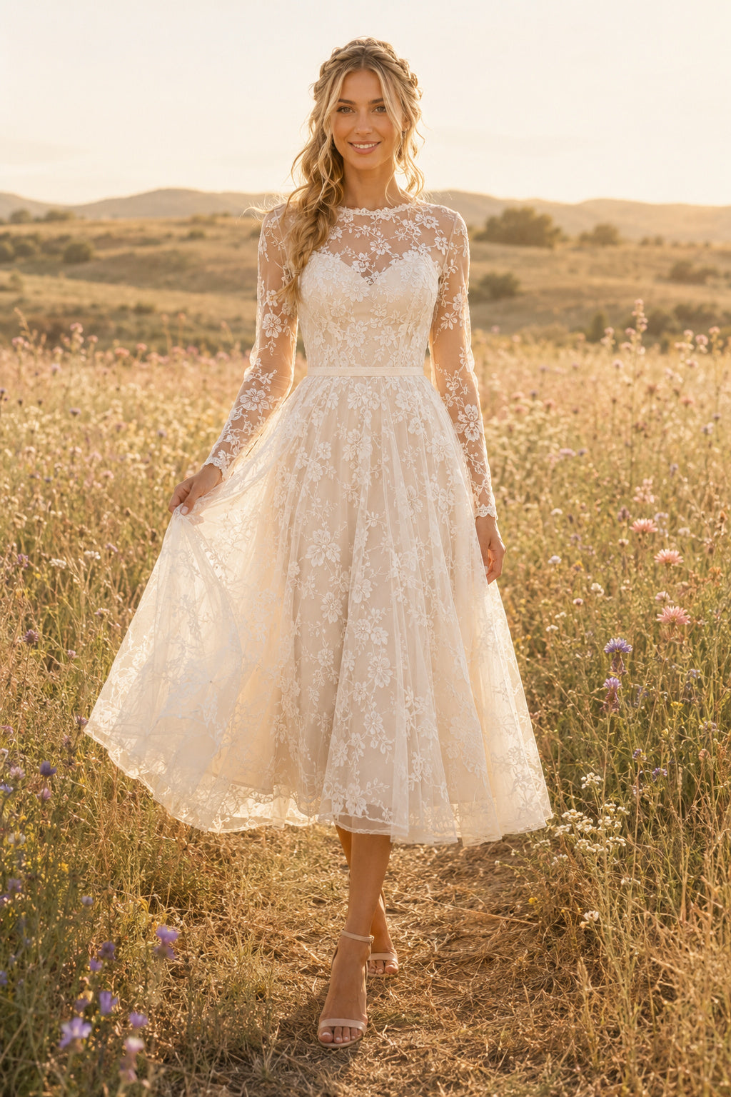Ivory High Neck Long Sleeve Lace Tulle Tea-Length Wedding Dress with Long Lace Sleeves and Midi Skirt front view