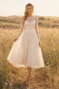 Ivory High Neck Long Sleeve Lace Tulle Tea-Length Wedding Dress with Long Lace Sleeves and Midi Skirt front view