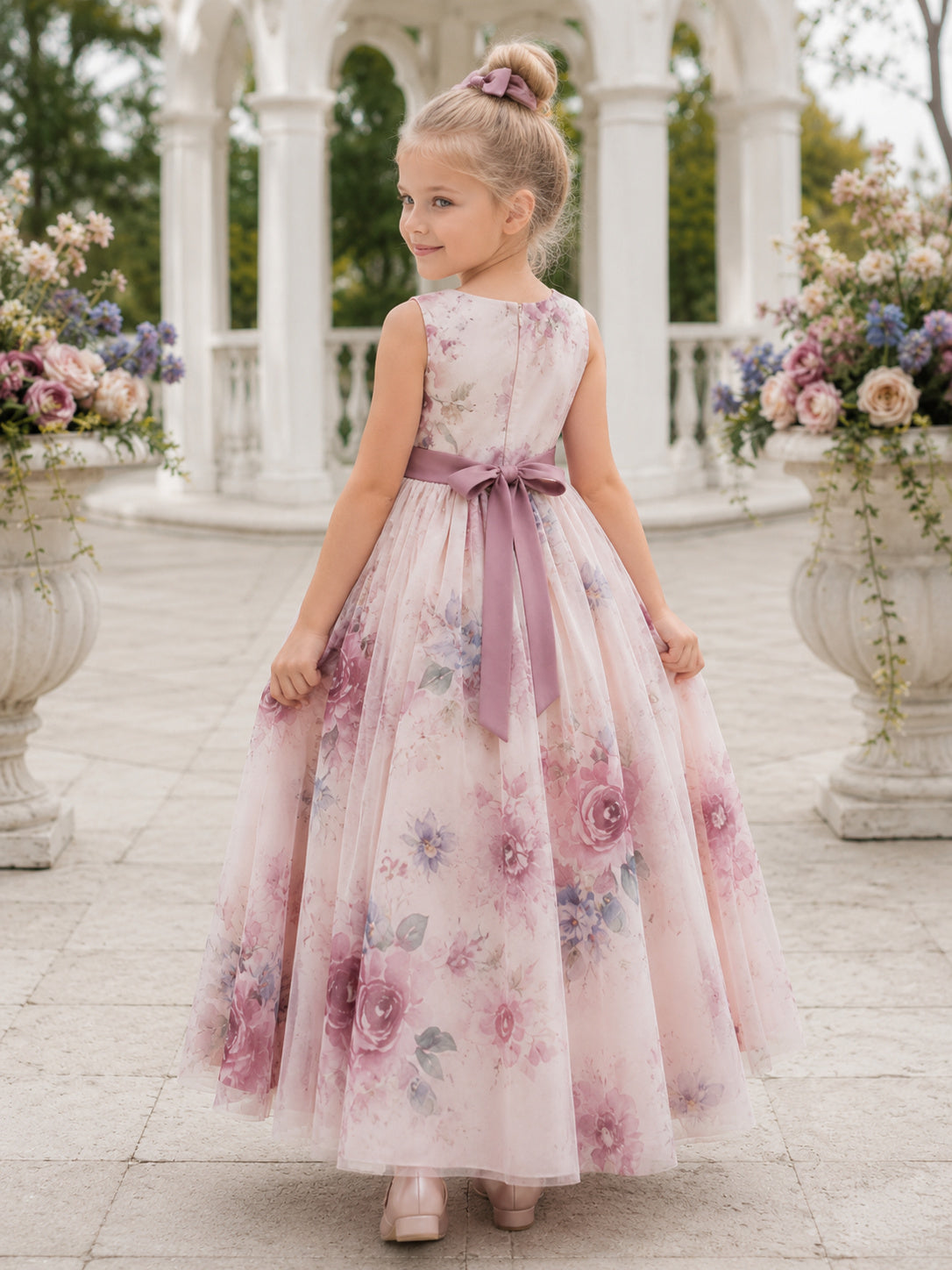 Vintage Mauve Watercolor Floral Flower Girl Gown with Sleeveless Tulle A-Line, Printed Blooms, Sash Waist, and Long Skirt bac