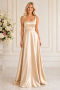 Champagne Square Neck Satin A-Line Floor Length Bridesmaid Dress for Bridesmaids Wedding Guests and Formal Receptions front v