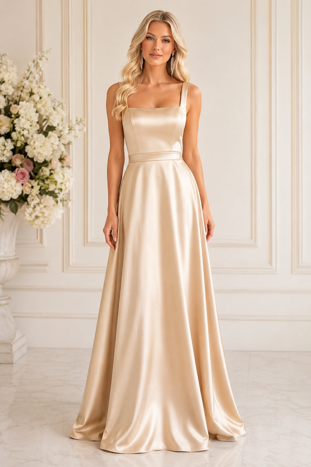 Champagne Square Neck Satin A-Line Floor Length Bridesmaid Dress for Bridesmaids Wedding Guests and Formal Receptions front v