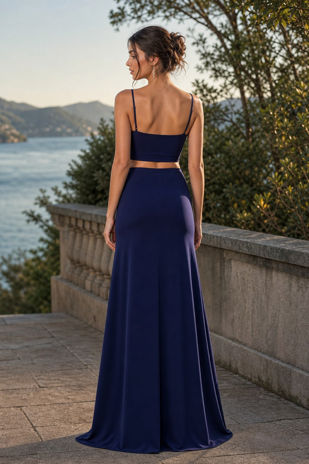 Navy Two-Piece Floor-Length Satin Sheath Dress